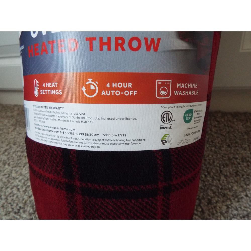 Sunbeam Microplush Oversized Heated Throw Red Black Plaid 60x80 NEW - Picture 3 of 3